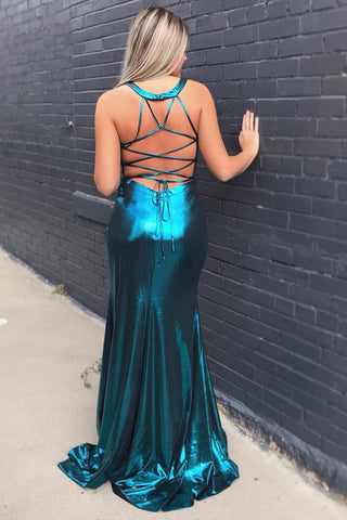 Peacock Long Prom Dress With Criss Cross Back