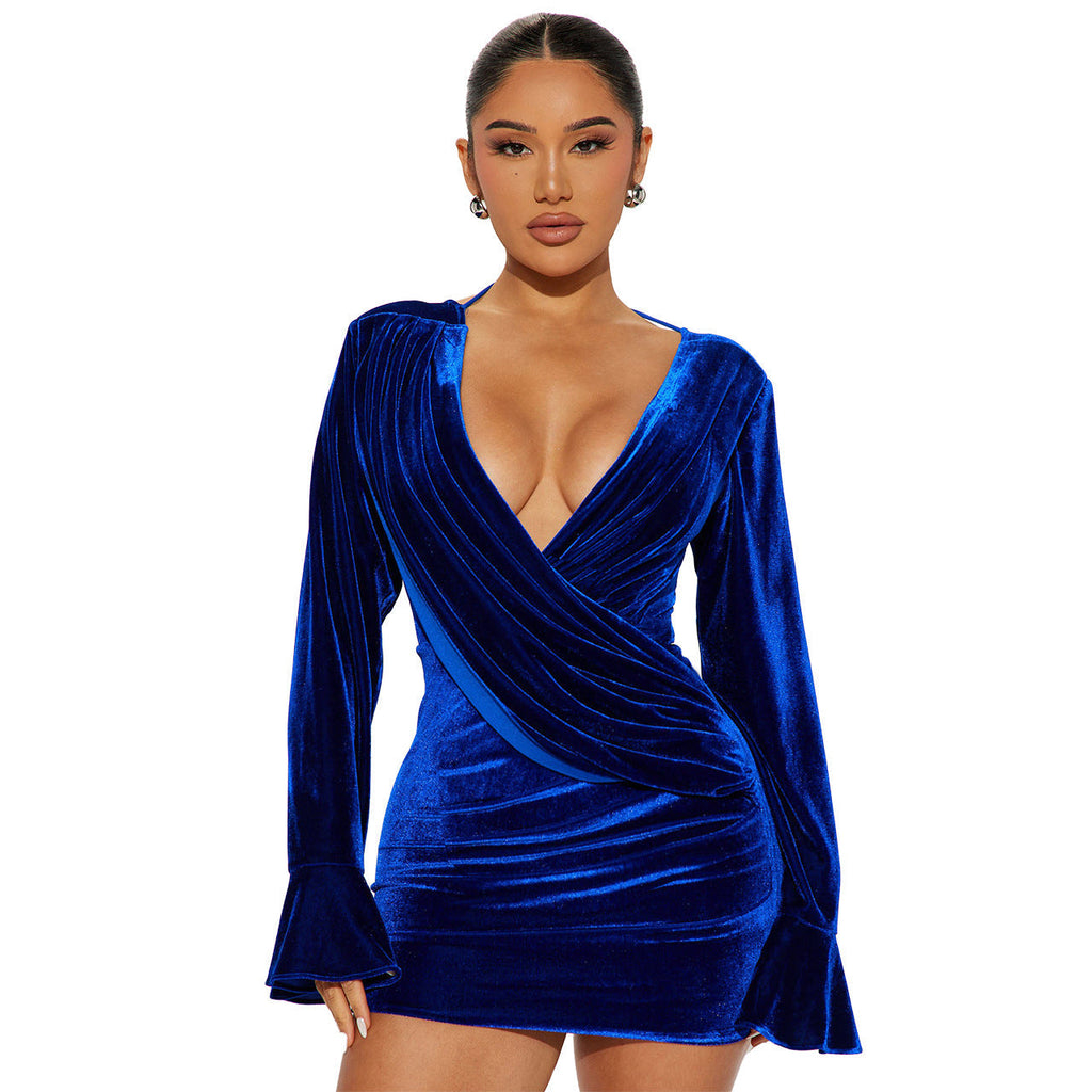 Women's Velvet V Neck Backless Sheath Evening Dress – Elegant & Alluring
