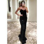 Robe de soirée longue en satin à paillettes et col en V, sans bretelles, froncée