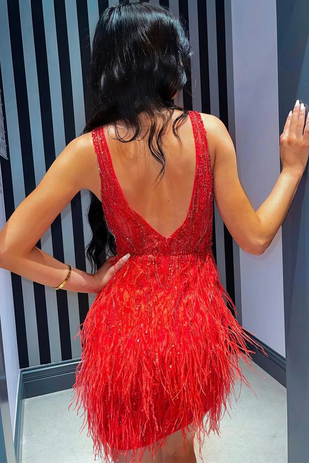 Beaded Sequins Tight Homecoming Dress with Feathers