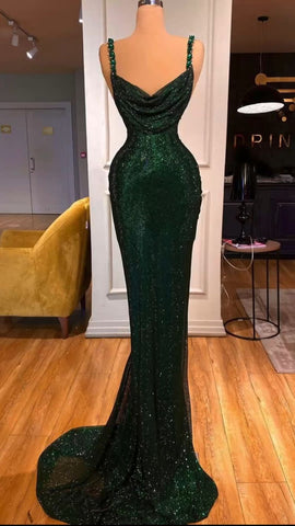 Robe de soirée sirène vert émeraude époustouflante, sans manches, Y123