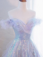 Purple Off Shoulder Sequin Tulle Long Prom Dress Purple Formal Evening Dresses Y4659
