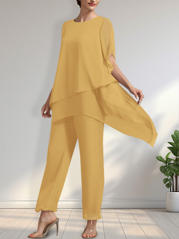 Vestido de gasa de dos piezas para la madre de la novia: mono/traje pantalón con escote redondo y largo hasta el tobillo.