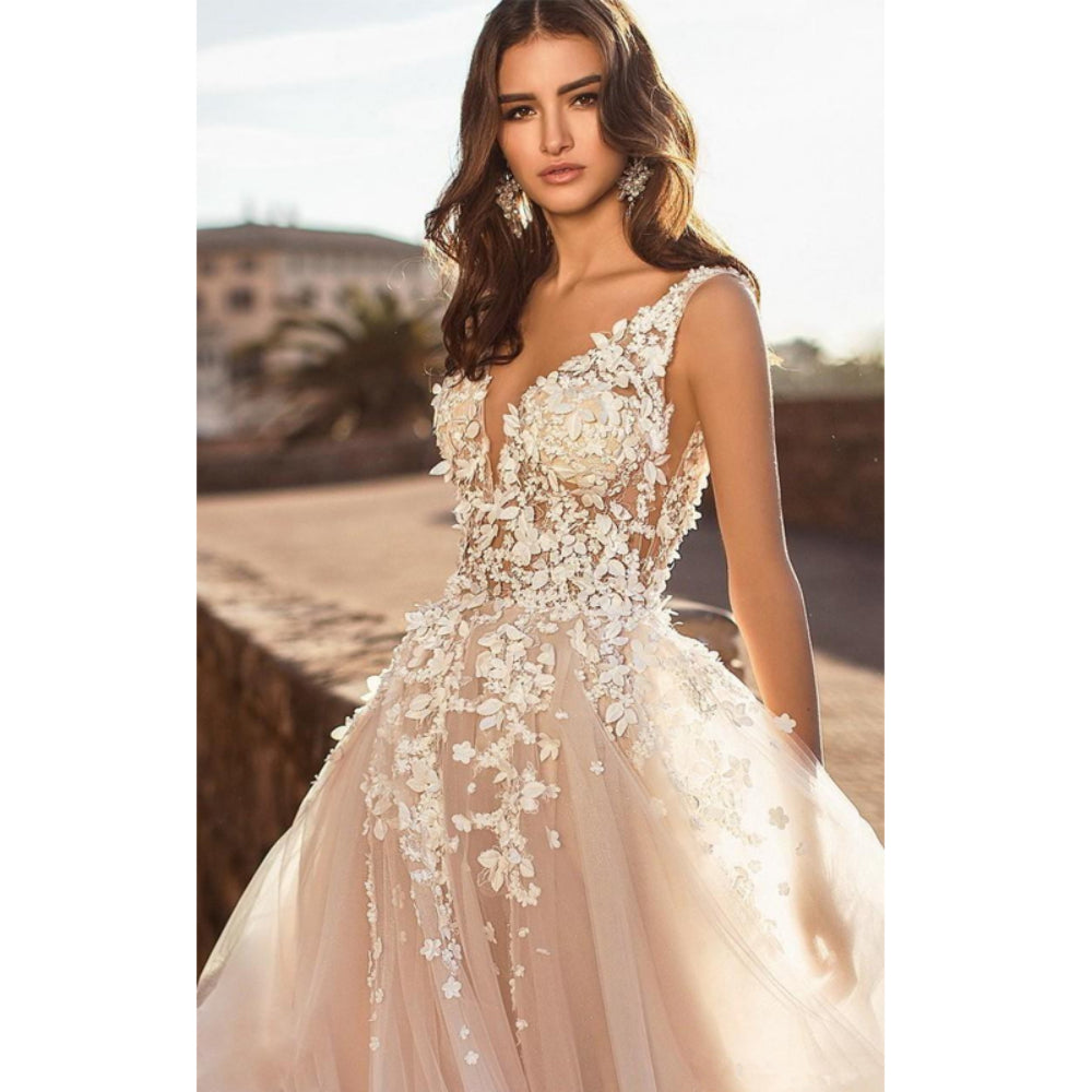 Vestidos de novia para boda en la playa, mujer sexy, escote en V grande, estampado floral 3D, tul, sin mangas, vestidos de novia, vestido de novia, robe maríée