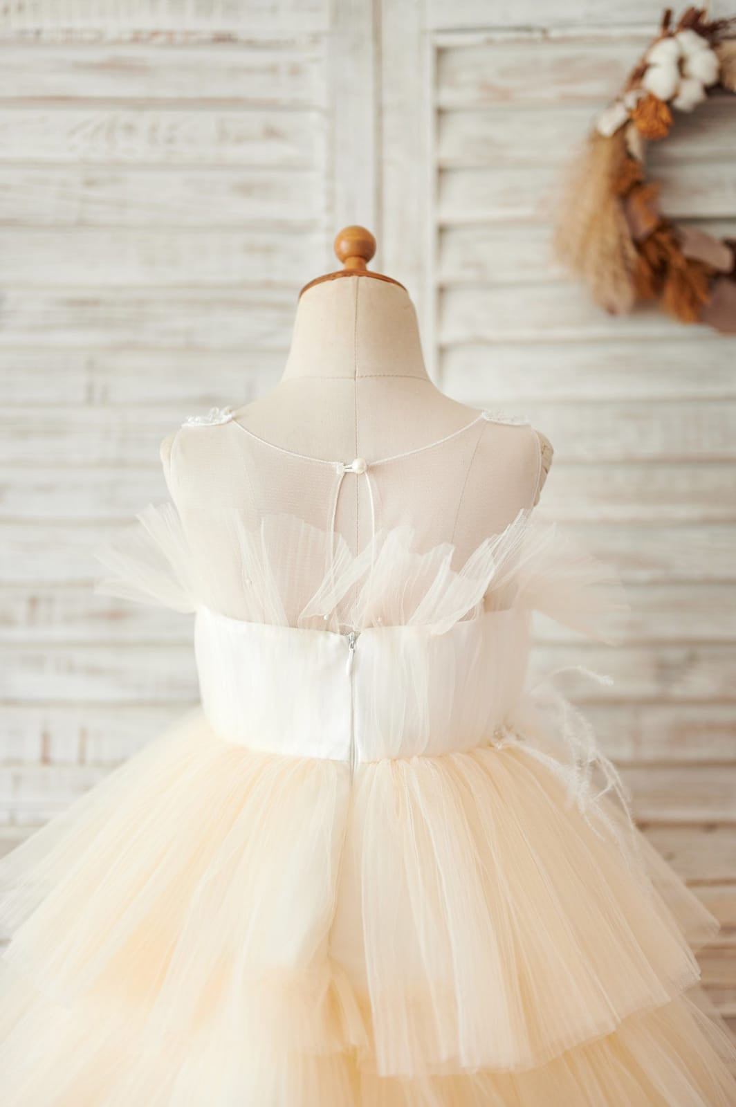 Vestido de niña de las flores color champán hasta la rodilla de tul satinado 