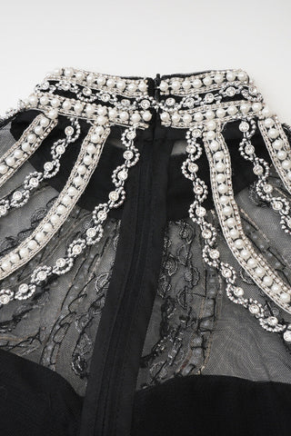 Vestido largo de noche de tul con cintura baja y cuentas de perlas de cristal de lujo 