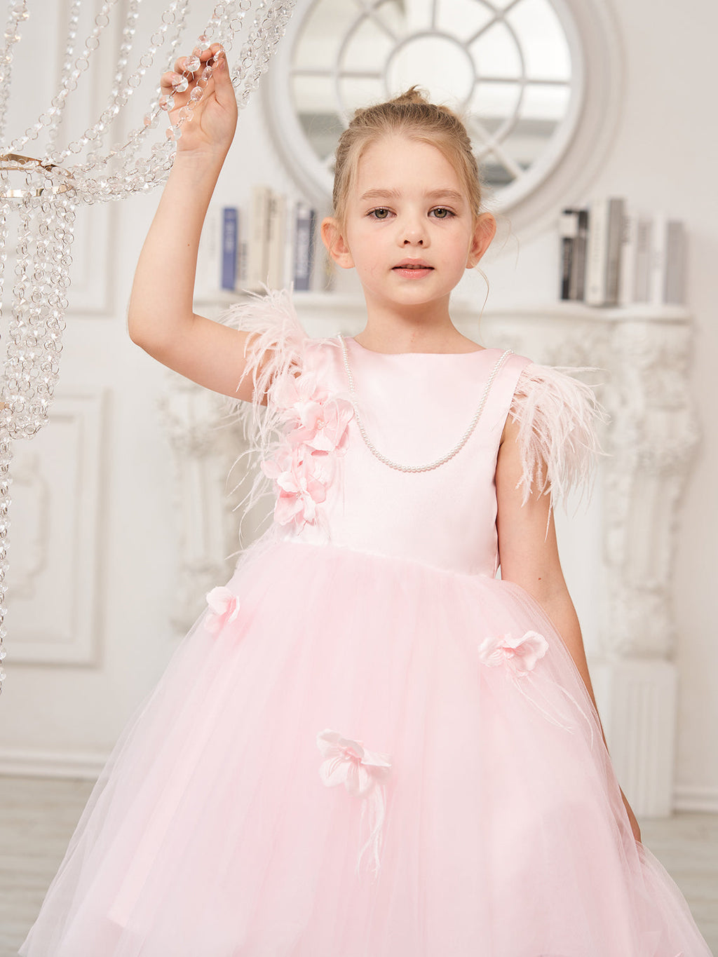 Vestido de niña de las flores de tul sin mangas estilo princesa con cuentas y lazo de plumas (010224704) 
