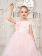 Vestido de niña de las flores de tul sin mangas estilo princesa con cuentas y lazo de plumas (010224704) 