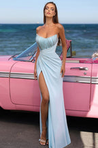 Gorgeous Sky Blue Sweetheart Mermaid Evening Dress Split With Cape