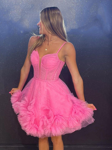 A-Line V Neck Short Tulle Homecoming Dress