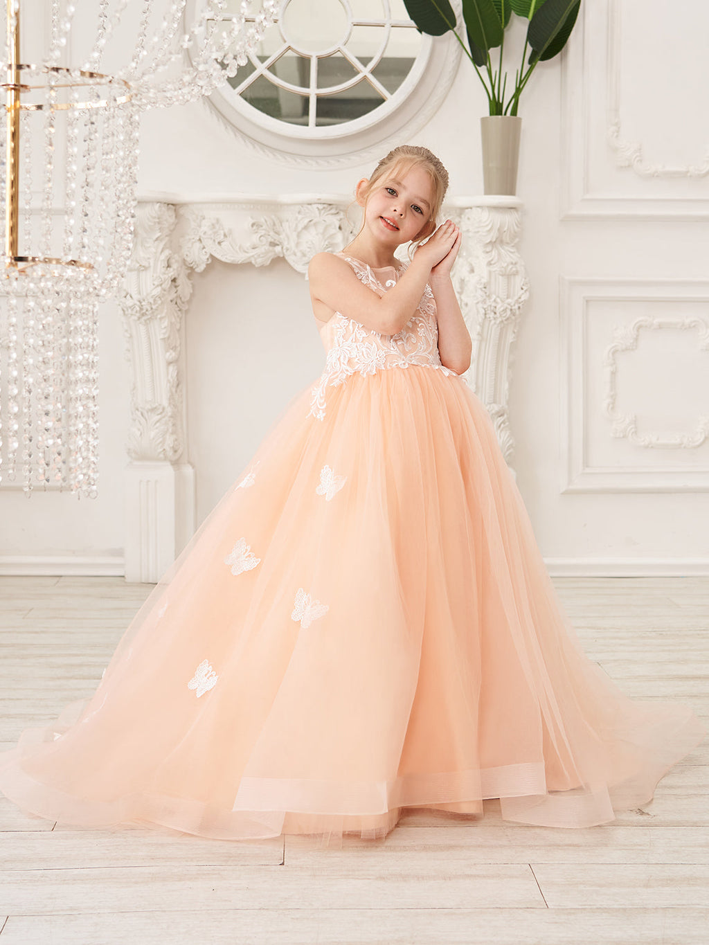 Elegante vestido de princesa sin mangas de tul para niña de las flores, corte en A 