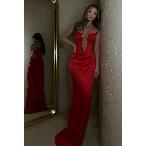 Robe de soirée sirène longue et sexy à col en V profond et perles avec fente