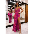 Vestido de fiesta largo estilo sirena con escote en V y encaje con lentejuelas fucsias