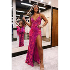 Vestido de fiesta largo estilo sirena con escote en V y encaje con lentejuelas fucsias