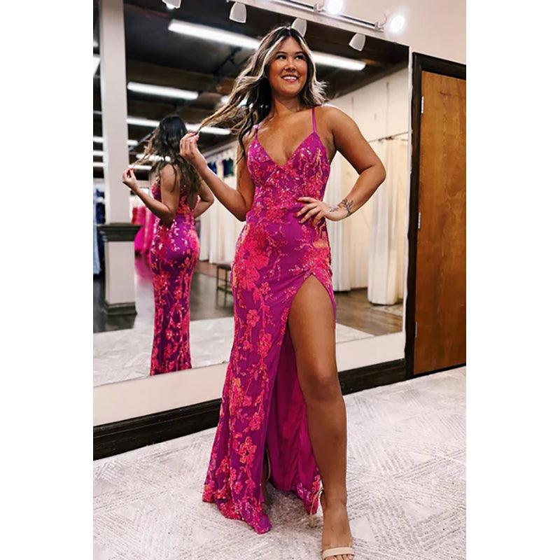 Vestido de fiesta largo estilo sirena con escote en V y encaje con lentejuelas fucsias