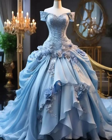 Robe de bal bleue féerique à fleurs 3D, avec traîne et fronces, idéale pour les 16 ans et les quinceañeras (Y7607)