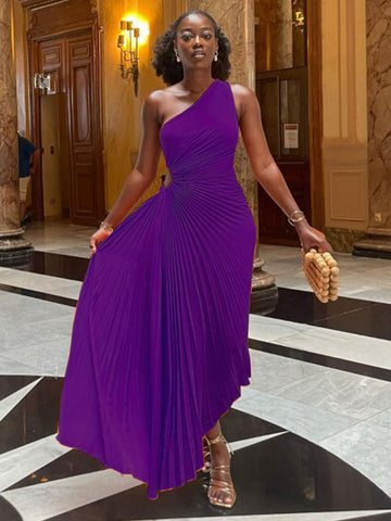 Robe trapèze plissée sans manches à taille roulée, sans manches, à une épaule, sexy, style bal de promo et soirée.