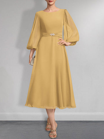 A-line Scoop Tea-Length Chiffon Mother of the Bride Dress With Crystal Brooch Pleated