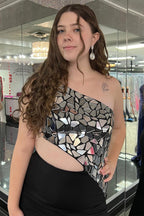 Ashley | Vestido de graduación tipo tubo con un solo hombro y lentejuelas efecto espejo