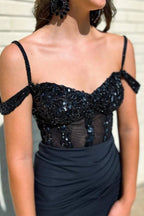 Stylish Mermaid Off the Shoulder Black Corset Prom Dress with Split Front