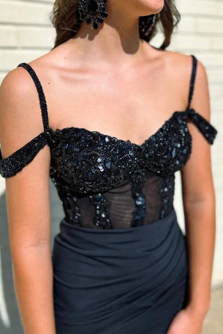Robe de bal noire sirène élégante à corset et épaules dénudées, fendue sur le devant