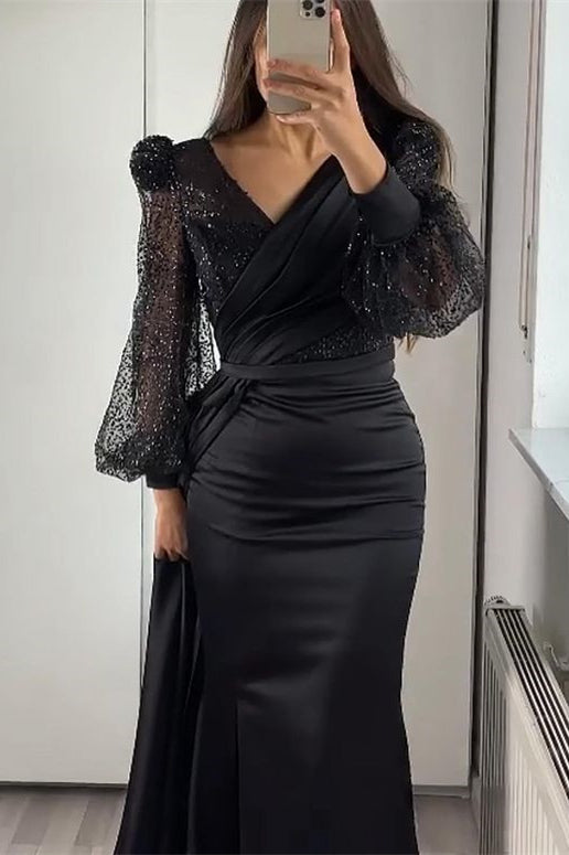 Long Sleeves V-neck Satin Mermaid Prom Dresses with Split