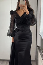 Long Sleeves V-neck Satin Mermaid Prom Dresses with Split