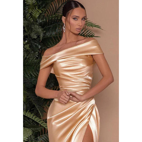 Sheath/Column Off-Shoulder Satin Pleats Split Sleeveless Prom Dress