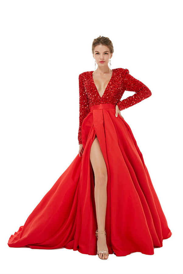 Long Sleeves Prom Dress V-Neck Slit With Sequins