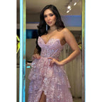 Vestido de fiesta glamuroso y dramático con apliques en forma de A, hombros descubiertos, sin mangas