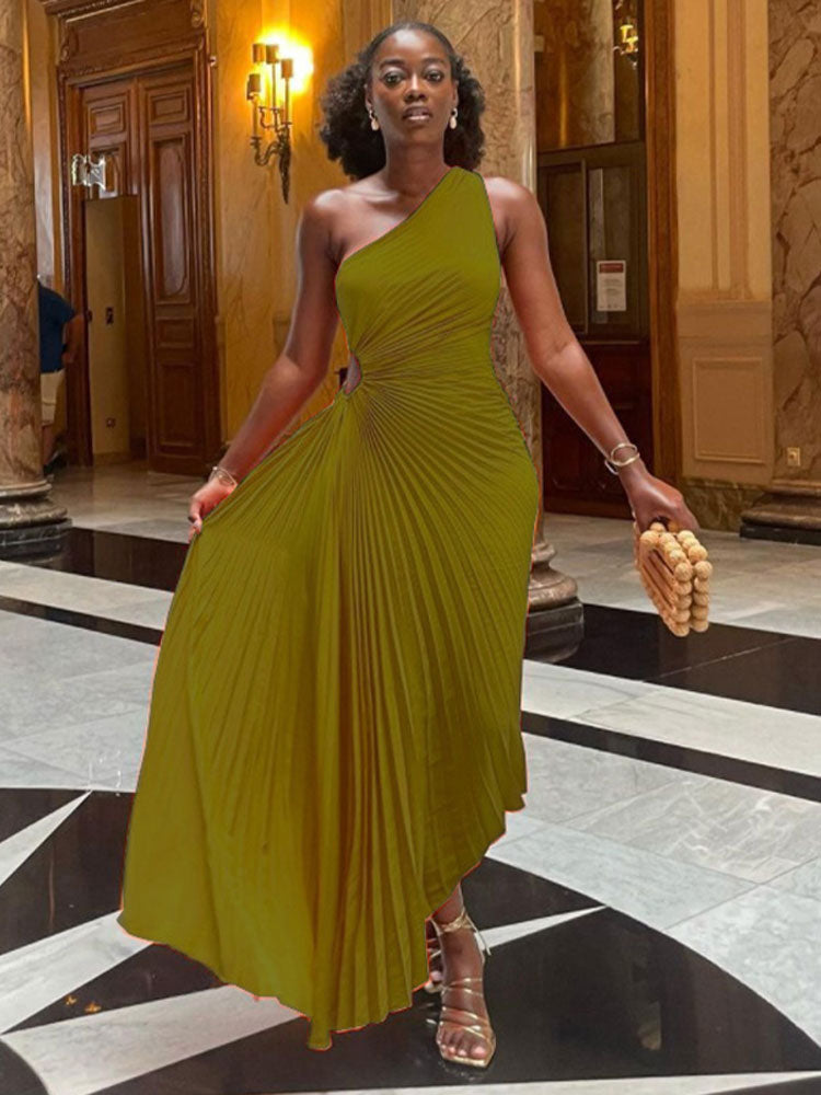 Robe trapèze plissée sans manches à taille roulée, sans manches, à une épaule, sexy, style bal de promo et soirée.
