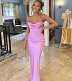 Simple Spaghetti Straps Lavender Satin Evening Dress Sheath Party Prom Dress Y8094