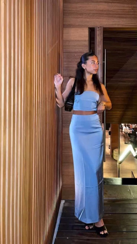 Vestido de noche sexy azul de dos piezas, vestido de fiesta azul Y5164