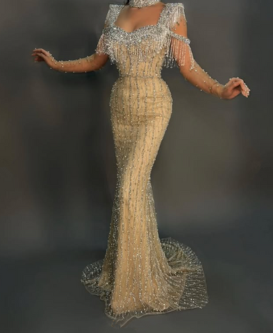 Gorgeous Yellow Tulle Sequins Beaded Mermaid Evening Dress Long Formal Prom Dress Y8538