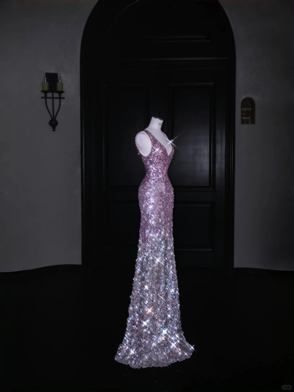 Magnifique robe de bal longue rose à sequins et col en V Y8688