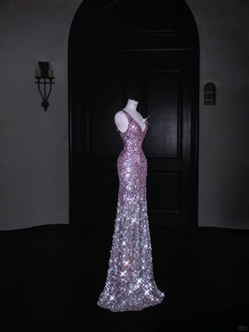 Precioso vestido largo de fiesta rosa con lentejuelas y escote en V, modelo Y8688