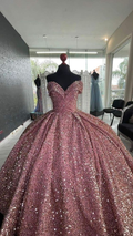 Vestido de gala brillante con lentejuelas y hombros descubiertos, vestido para quinceañera Y6473