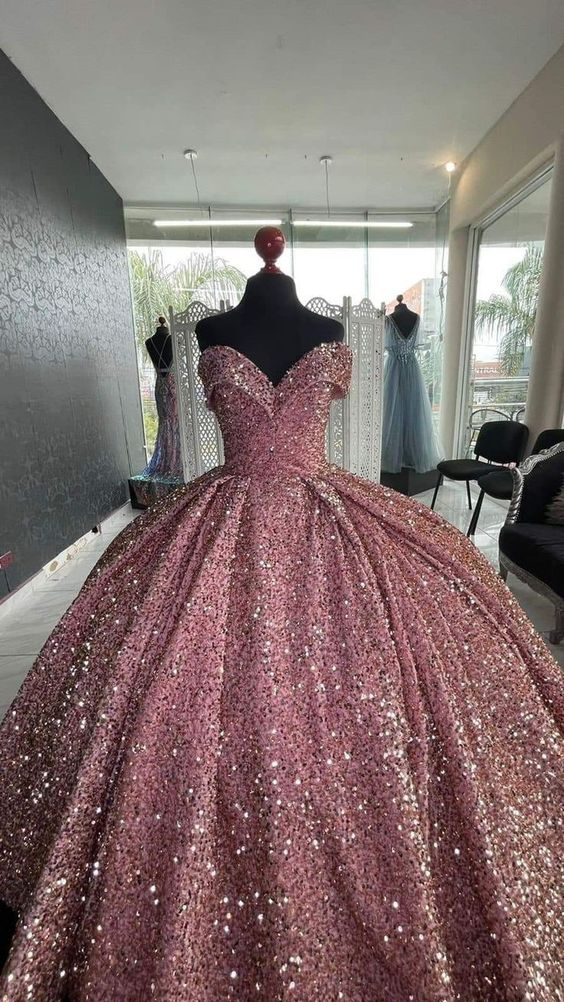 Vestido de gala brillante con lentejuelas y hombros descubiertos, vestido para quinceañera Y6473