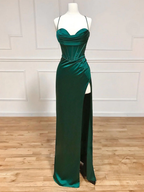 Robe de bal longue verte en satin à col cœur, robe de soirée verte Y4395