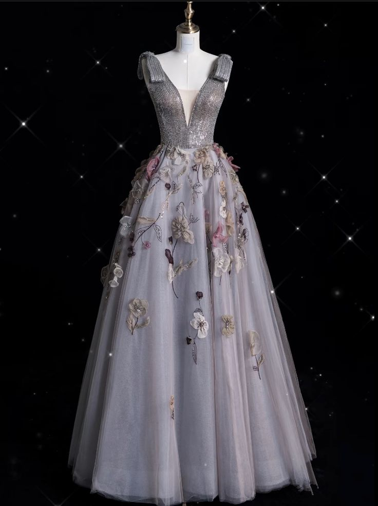 Vestido de baile largo de noche con escote en V, tul gris y estampado floral, modelo Y7953
