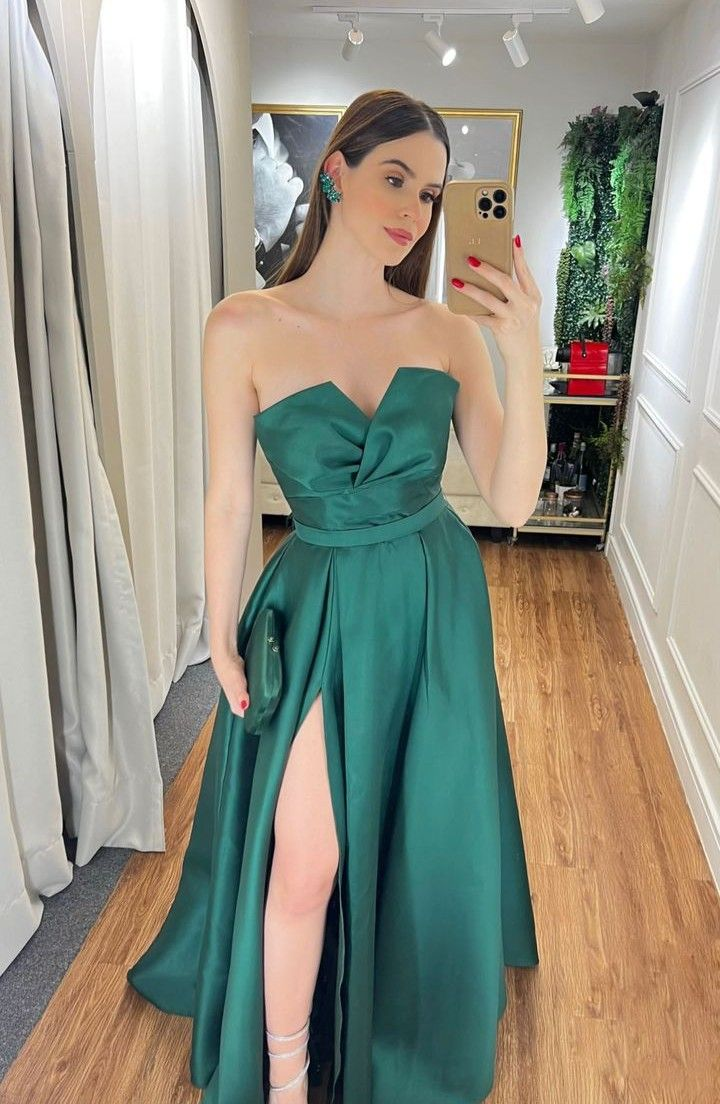 Robe de bal longue élégante en satin vert à col en V, robe de soirée formelle Y5360