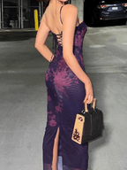 Vestido de noche de corte sirena, con tirantes finos, encaje, gasa y estampado floral, color morado, modelo Y8245