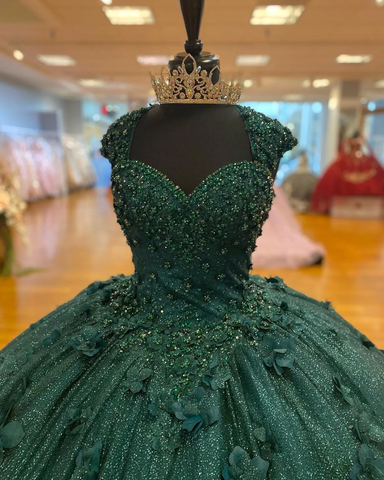 Robe de bal de princesse verte, robe de quinceañera, robe de fête Sweet 15, fleurs 3D, application de dentelle, perles de cristal, paillettes, robe d'anniversaire Y606