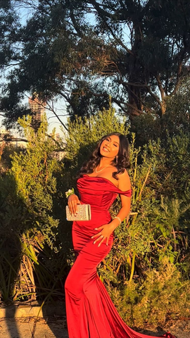 Elegant Off The Shoulder Mermaid Evening Dress Red Satin Prom Dress Y8221