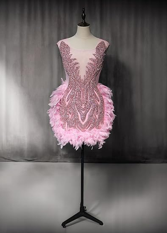 Robe de bal de luxe rose à plumes, robe d'anniversaire, robe de soirée de mariage Y2639