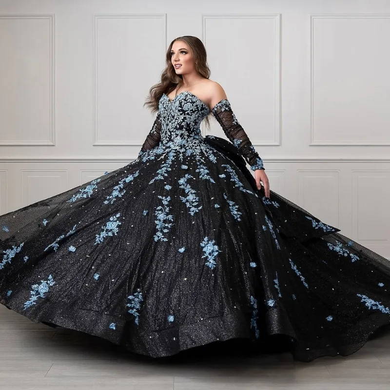 Vestido de quinceañera único en negro y azul claro, vestido de princesa, vestido de 16 años, vestido de baile Y4319