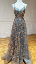 Vestido largo de fiesta de tul con lentejuelas, escote en V y espalda descubierta, corte en A, modelo Y5620