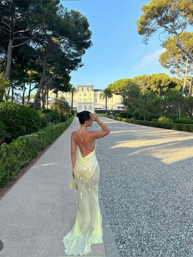 Robe de soirée sirène jaune en mousseline à sequins, col V, modèle Y7892