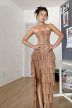 Vintage Strapless Chiffon Layered Long Prom Dress Slit Evening Dress Y7859