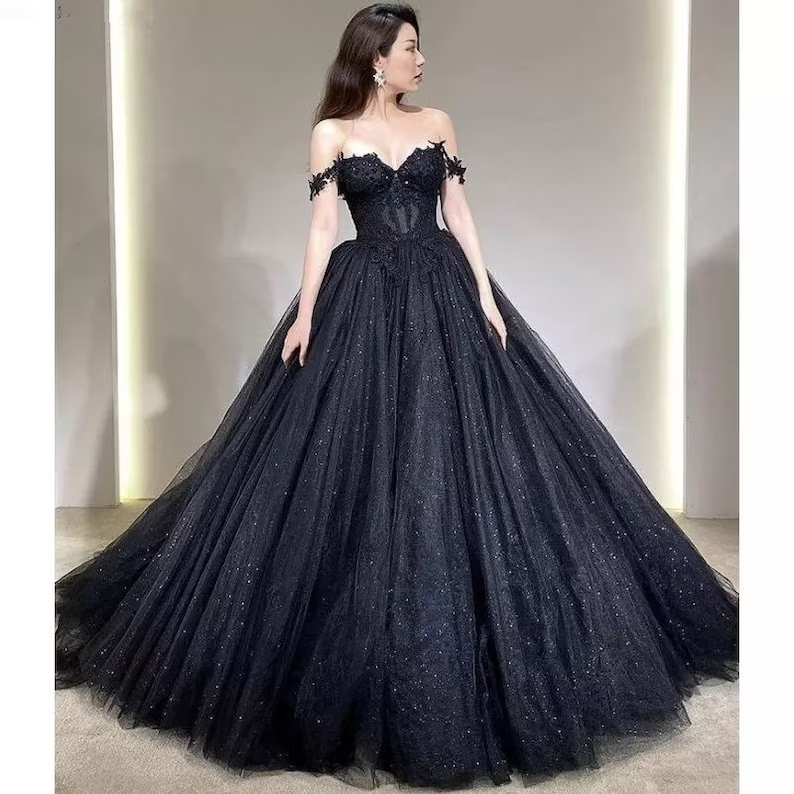 Vestido de tul con apliques de encaje, vestido de novia negro con purpurina, vestido largo de noche con flores 3D Y1625